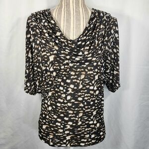 Isabella Rodriguez Black Brown White Print Short Sleeve Drape Neck Top Sz Small
